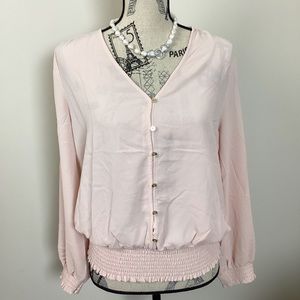 Micheal Kors Women’s Pink Smock Hem Blouse VNeck Long Gartered Hem Sleeves